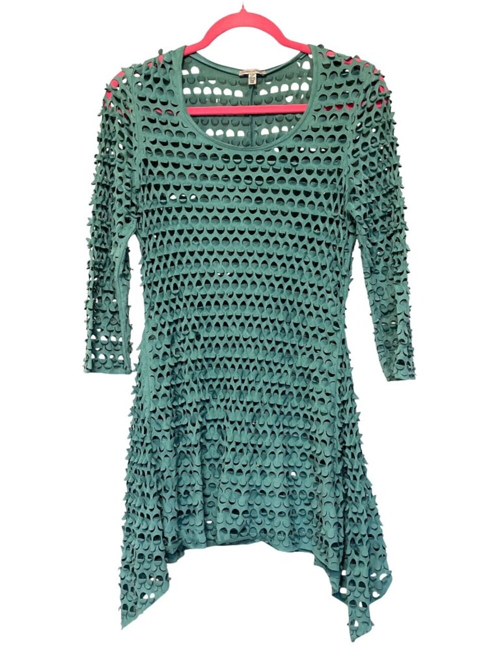 Linea Domani Teal Cutout Faux Suede Tunic Top Asymmetrical Hem Laser-Cut